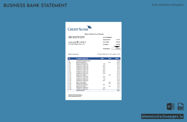 Beispiel eines Kontoauszugs des Firmengirokontos der Credit Suisse (Word- und PDF-Datei)